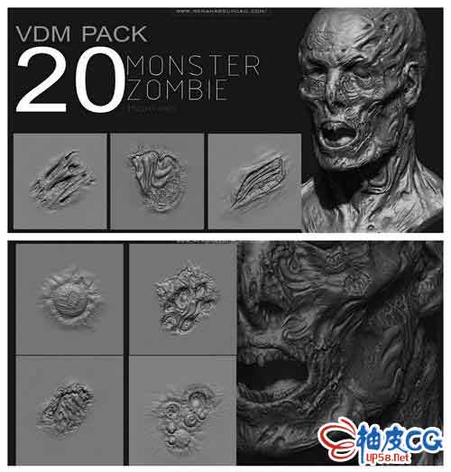 20个ZBrush数字雕刻怪兽僵尸细节画笔Zbrush - ZombieMonster VDM PACK