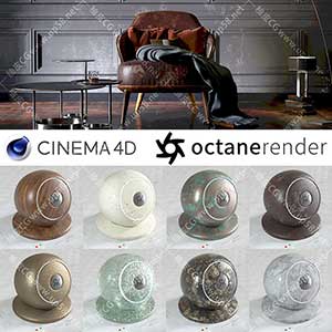 C4D Octane金属塑料织物玻璃木材地板大理石室内设计OC材质球预设